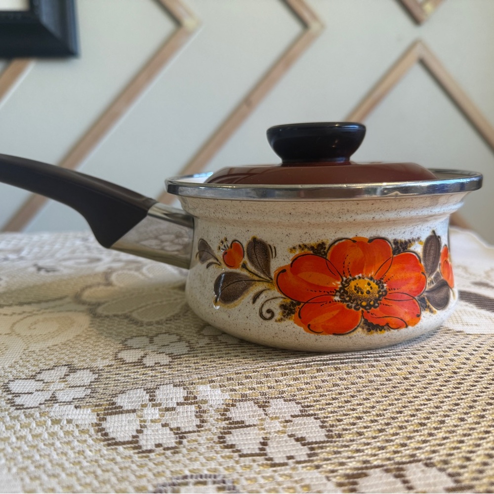 Vintage 70a Sanko Ware Show Small Saucepan Japan Enameled Steel Flower Power